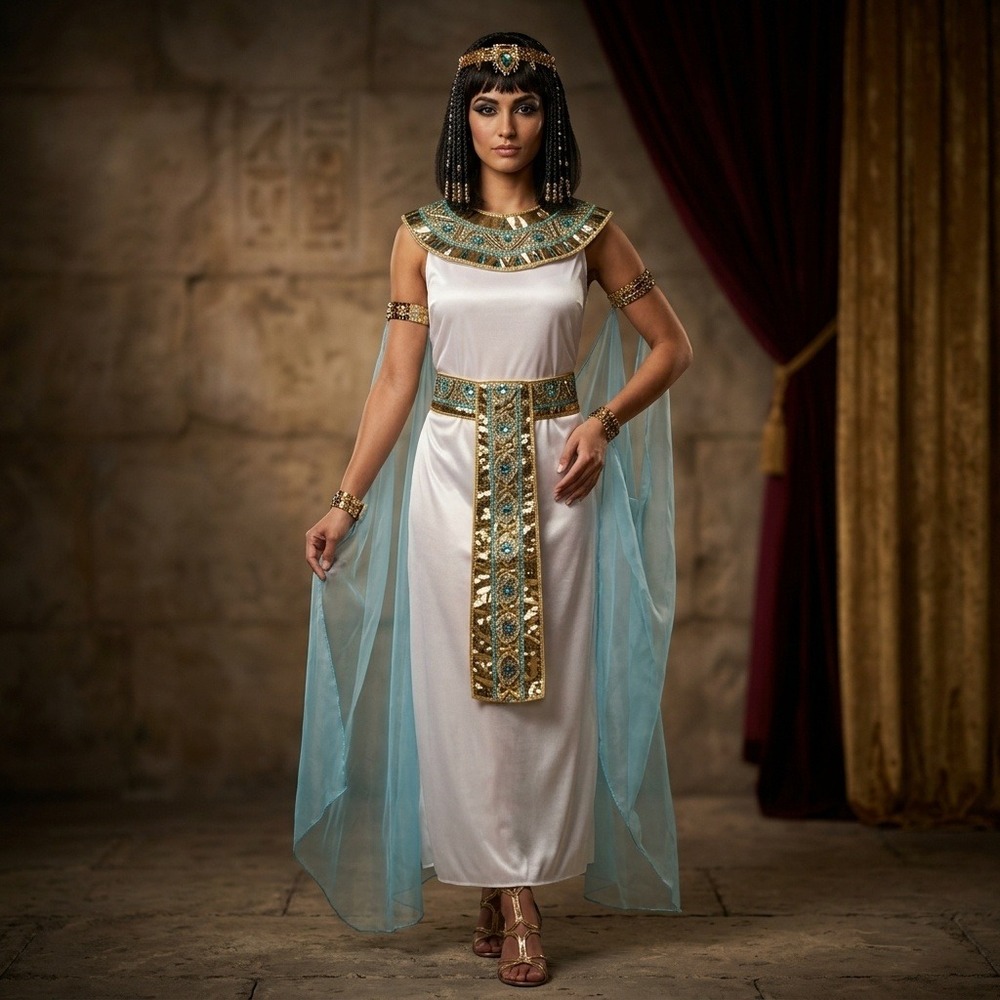 Cleopatra Women Costume Gold Trim Halloween Cosplay Outfit Adult Size M